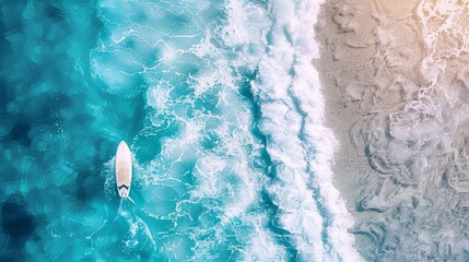 Sticker - Aerial view of a surfboard on electric blue water near a beach