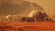 Augmented reality tour of future Mars colony, red dusty backdrop, interactive, midshot