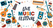 Live Music festival - Musical instruments - Illustrations and title - Festive elements to celebrate music