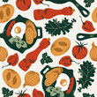 Frying pan with fried egg and sausage with bread and tomato. Breakfast seamless pattern. Vector illustration