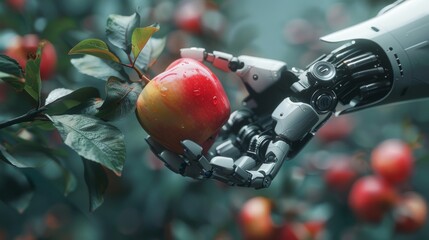 Fototapete - Three-dimensional rendering of a robot holding an apple, a GMO concept, an automation concept