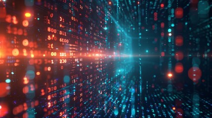 Poster - A 3D rendering of a digital binary code matrix background conveying connectivity, complexity, and data flood of modern digital technology.