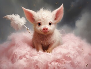 A cute piglet sits on a pink cloud.