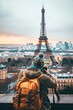 © Patcharaphorn - Showcase the excitement of travel with a vertical photo of a tourist marveling at iconic landmarks around the world. --ar 2:3 Job ID: 7a1dc46a-b957-4140-a337-2dc4b0468ffa