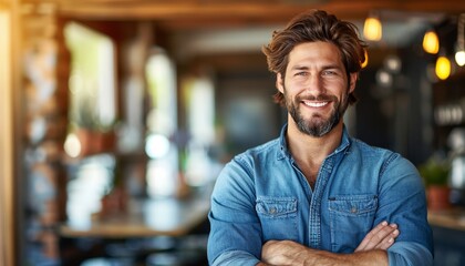 Poster - Young businessman in meeting with team, blurred background, space for text placement