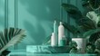 Rendering in 3D. Natural beauty backdrop for cosmetic products. Background in green color for fashion beauty products.