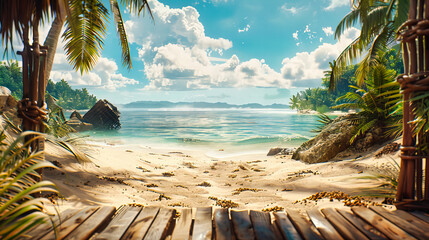 Wall Mural - Exotic Beach Panorama with Palms and Clear Turquoise Waters Under the Hot Maldivian Sun