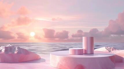 Leinwandbilder - Background with cylinder box for cosmetic product display. Abstract 3D scene composition background. Scene with seascape.