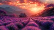 An expansive lavender field blooming under a golden sunset, with a picturesque farmhouse in the distance