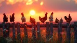 Fototapeta Tulipany - Sunrise serenade on a rustic fence with a lineup of roosters and hens