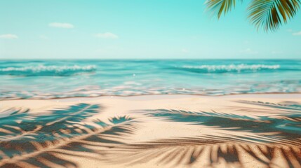 Leinwandbilder - This summer beach backdrop features a palm tree shadow and is ideal for display of products. The scene is abstract and 3D.