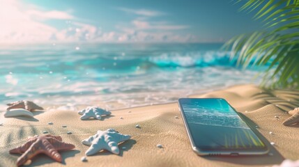 Poster - The image shows a natural summer beach backdrop with a smart phone mock up. Abstract 3D summer scene with sea view. Online shopping concept.