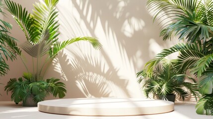 Leinwandbilder - Display backdrop with tropical palm leaves for cosmetic products. 3D rendering.