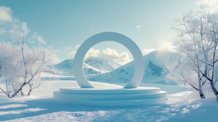 Wall Mural - Sculptural winter scene in natural light with an arch and podium. Minimal background. Surreal background. 3D render.