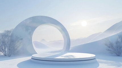 Aufkleber - Geometric winter scene with an arch and podium. Surreal background. Atmosphere is minimal.