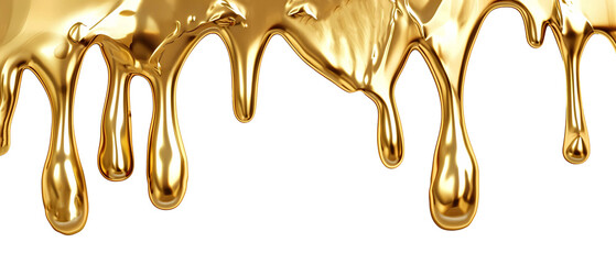 Abstract liquid gold drip isolated on white or transparent background