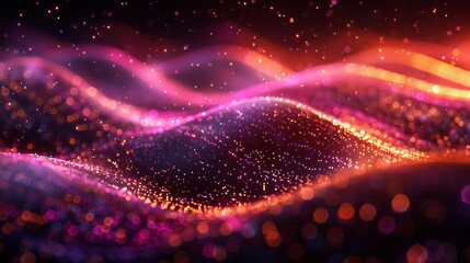 Poster - A water drop wave with gradients of glowing particles and lines. A network of neon dots and lines. A digital background with a 3D rendering.