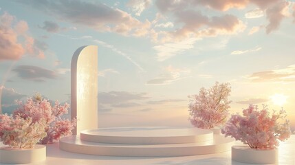 Poster - Beautiful podium backdrop from the natural world with a dreamy sky background. Romantic 3D scene...