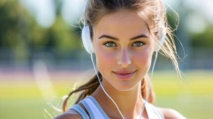 Wall Mural - Caucasian female athlete exercising outdoors while listening to music with headphones