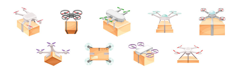 Wall Mural - Drone Carrying Cardboard Parcel Box to Point of Destination Vector Set