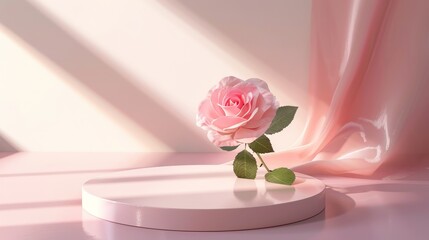 Poster - A natural beauty podium backdrop with a pink rose flower, rendered in 3D.