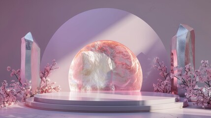 Aufkleber - 3d render of beauty fashion podium backdrop with abstract iridescent gem stone.