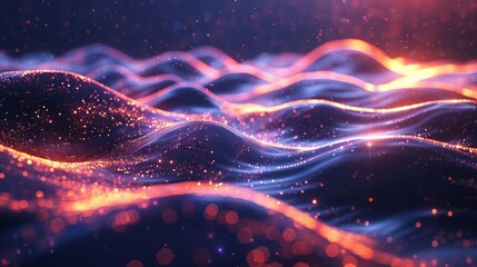 Aufkleber - The image is a futuristic illustration with explosions of data. Abstract background with glowing particles. Digital moving wave. 3D rendering.
