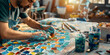 Artisans creating art from upcycled materials in a studio filled with natural light, casting soft shadows on the colorful mosaics made from recycled glass. , natural light, soft sh