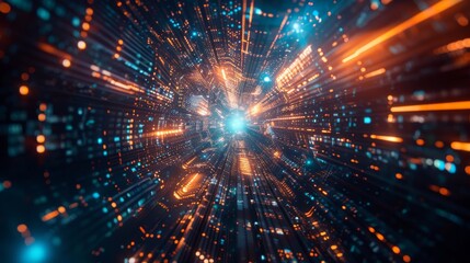 Leinwandbilder - Warp speed in hyper loop with blurred light from buildings in mega city at night. Concept of next generation technology, fintech, big data, 5G network, machine learning...