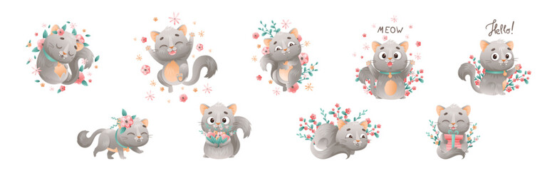 Poster - Cute Grey Kitten with Pretty Snout with Flowers Vector Set