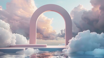 Aufkleber - The beautiful nature backdrop for product displays. 3D seascape scene at night with cloudy skies and an arch frame.