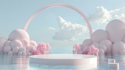 Aufkleber - A romantic 3D seascape backdrop for product display with a cloud and arch. A natural beauty podium backdrop for product display with a cloud and arch frame.