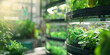 A vertical farm using hydroponics and aquaponics in a circular economy model, illuminated by natural light that enhances the vibrant colors of the leafy greens grown above the fish