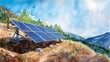 Watercolor, Solar panel in mountain camp, close up, low angle, clear blue sky 