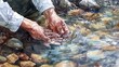 Watercolor, Stream water testing, close up, scientistâ€™s hands, pristine stream 