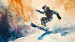 Watercolor, Snowboarder jumping, close up, low angle, backlight, snow dust