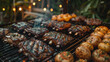 © steve - Friends gathered around a patio BBQ grill. The grill overflows with an assortment of delicious burgers, ribs bursting with flavor, and an array of baked potatoes.