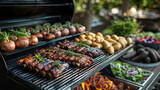 Fototapeta Mapy - Friends gathered around a patio BBQ grill. The grill overflows with an assortment of delicious burgers, ribs bursting with flavor, and an array of baked potatoes.	