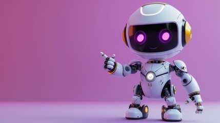 Poster - Isolated cute robot with pointing hand and winking eye over purple background. Conceptual 3D rendering.