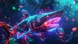 Cybernetic shark gliding through a futuristic underwater world with vibrant neon accents