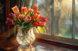 Sunset Warmth Fresh Tulips Basking in the Soft Light by a Window
