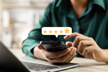 Online customer satisfaction Survey service concept, client rate service from experience in application,Consumer give five-Stars and feedback review for quality, Business reputation ranking from buyer