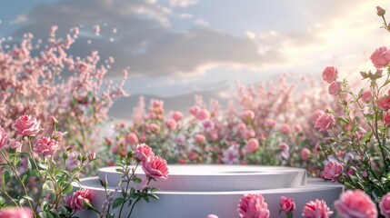 Poster - 3D rendering of spring rose flower field backdrop with natural beauty.