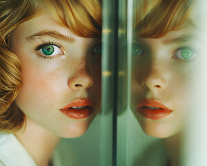 Wall Mural - A beautiful red-haired girl with green eyes and her reflection in the mirror, women's beauty concept.