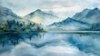Tranquil lake in the Andes, watercolor, reflections, calm early morning 