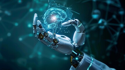 Aufkleber - AI assisted robotic hand for medical practices, a concept of unity between human and artificial intelligence, with graphical icons displayed on blue banner backgrounds