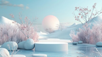 Aufkleber - Landscape scene in winter with podium for product display. 3D rendering.