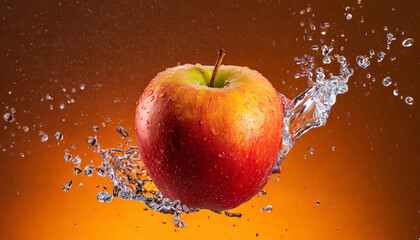 Wall Mural - Close-up of levitating fresh apple with splashes of water. Tasty and healthy food. Organic fruit.