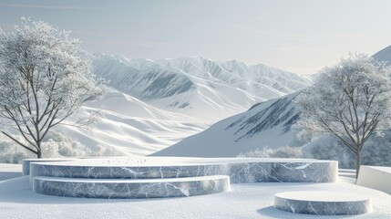 Aufkleber - Winter landscape scene with podium for product display. 3D rendering...