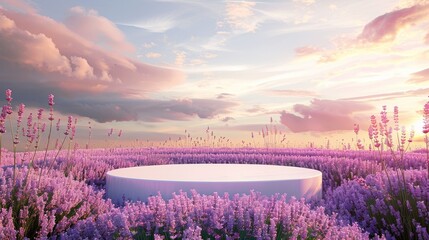 Poster - Stunning podium backdrop with lavender field. 3D rendering...